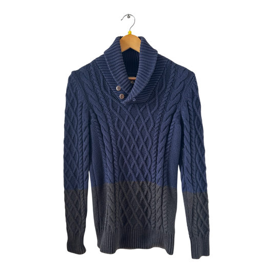 Element Strickpullover Herren S Blau Grau Baumwolle Schalkragen Zopfmuster Warm