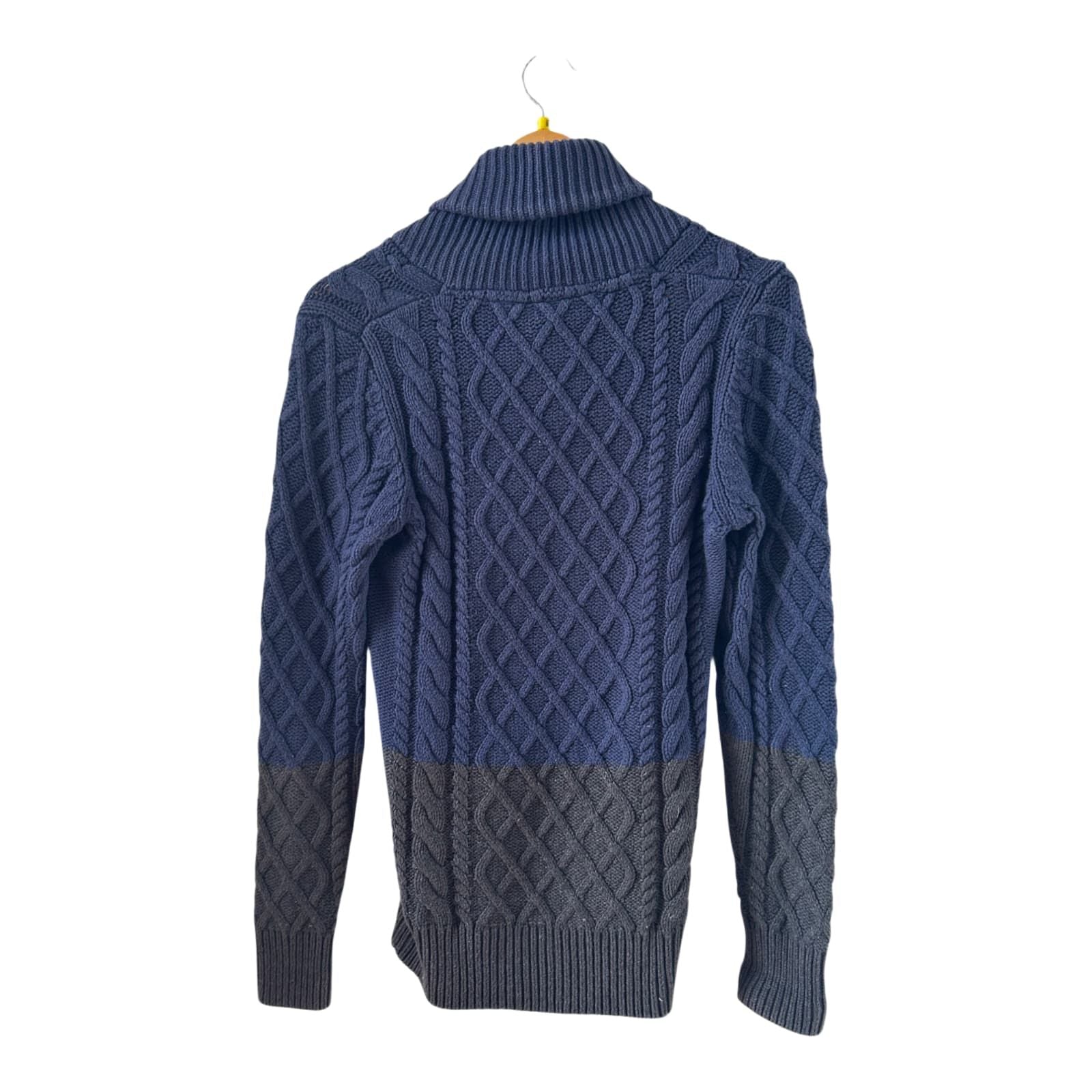 Element Strickpullover Herren S Blau Grau Baumwolle Schalkragen Zopfmuster Warm