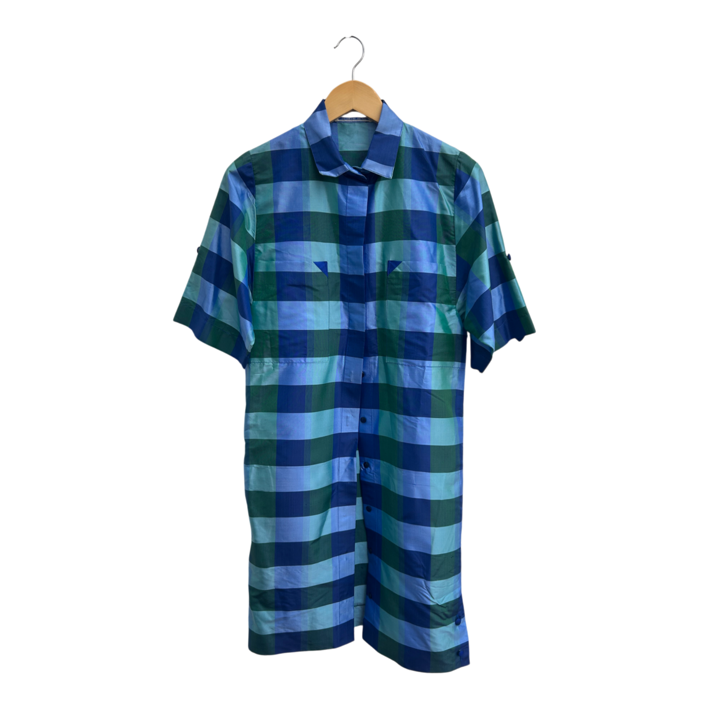 Julie Kleid Damen Dress Damenkleid Gr 38 Blau Grün Kariert Kurzarm Knielang Elegant