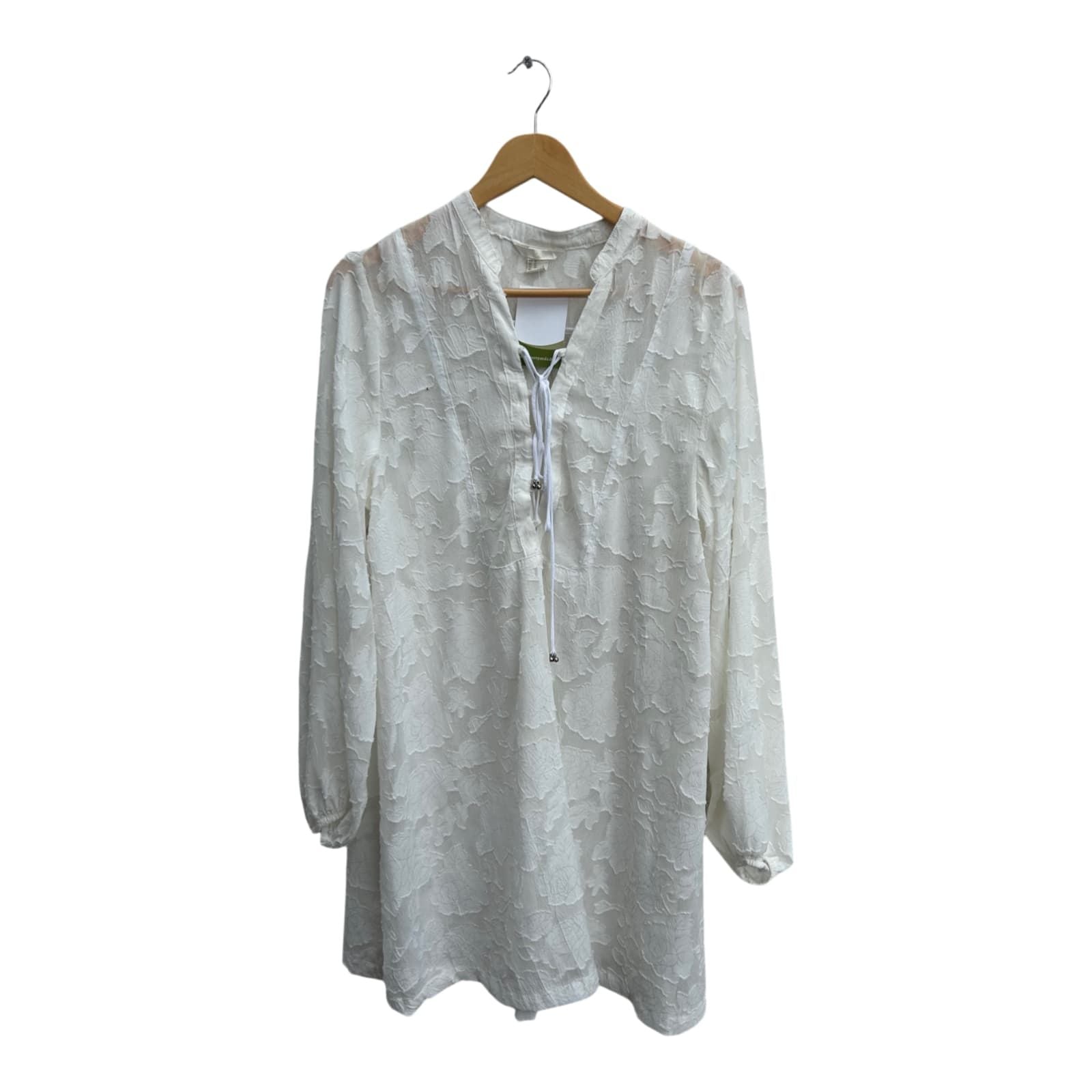 H&M Bluse Damen Tunika Gr 46 Weiß Transparent Struktur Langarm V-Ausschnitt Elegant
