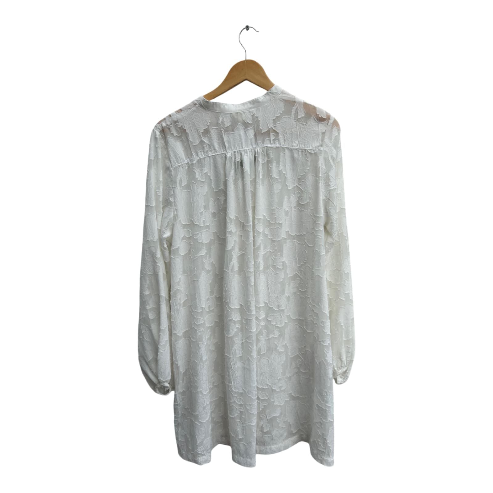 H&M Bluse Damen Tunika Gr 46 Weiß Transparent Struktur Langarm V-Ausschnitt Elegant