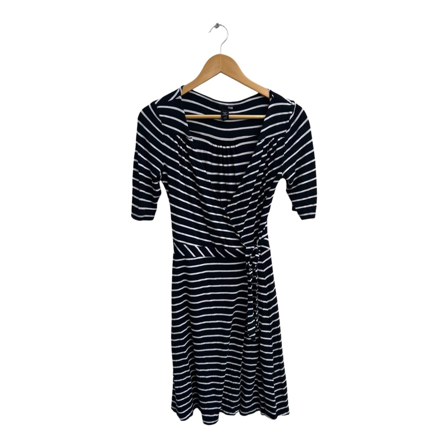 H&M Kleid Damen Dress Damenkleid Gr 38 Schwarz Weiß Streifen Viskose Wickeloptik