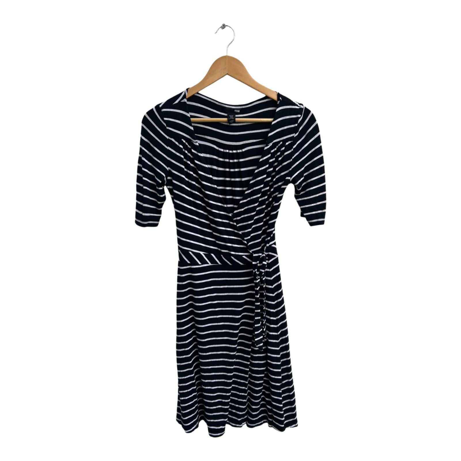 H&M Kleid Damen Dress Damenkleid Gr 38 Schwarz Weiß Streifen Viskose Wickeloptik
