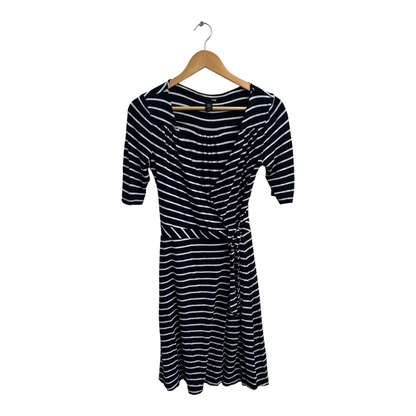 H&M Kleid Damen Dress Damenkleid Gr 38 Schwarz Weiß Streifen Viskose Wickeloptik