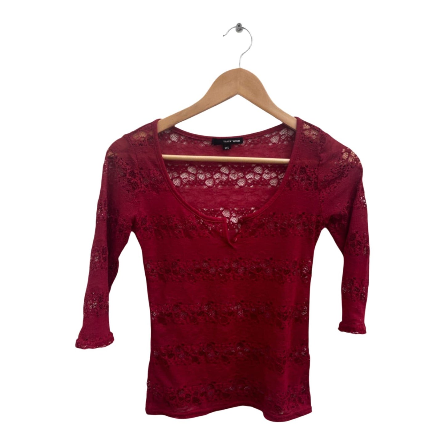 Tally Weijl Damen Shirt XXS Rot Spitze Stretch Oberteil 3 4 Arm Transparent Sexy
