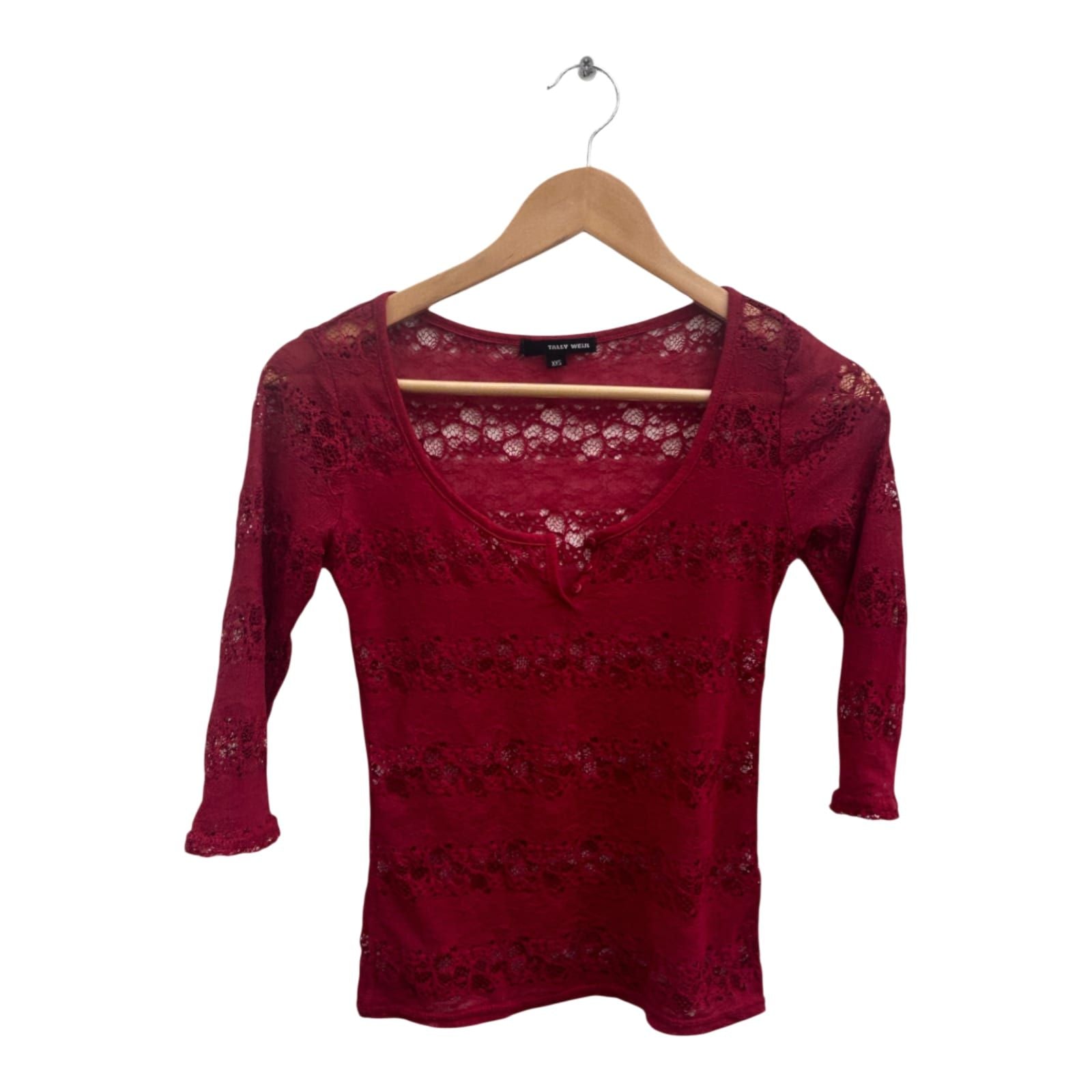 Tally Weijl Damen Shirt XXS Rot Spitze Stretch Oberteil 3 4 Arm Transparent Sexy