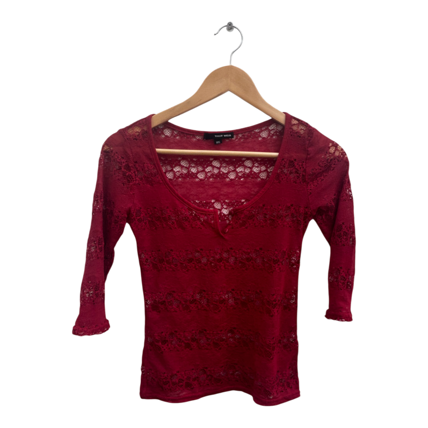 Tally Weijl Damen Shirt XXS Rot Spitze Stretch Oberteil 3 4 Arm Transparent Sexy