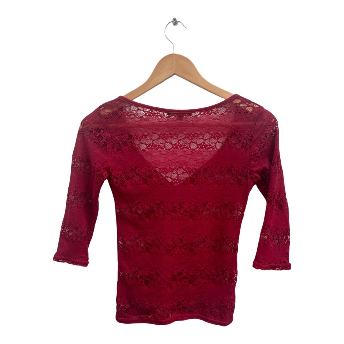 Tally Weijl Damen Shirt XXS Rot Spitze Stretch Oberteil 3 4 Arm Transparent Sexy
