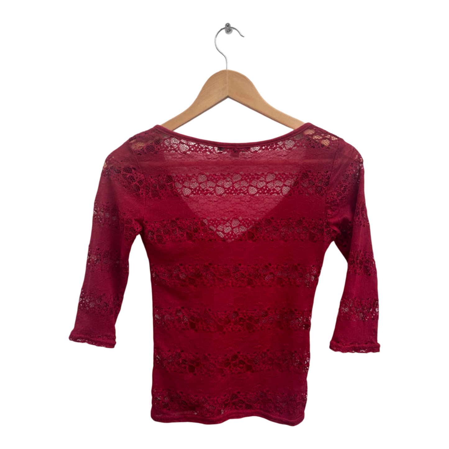 Tally Weijl Damen Shirt XXS Rot Spitze Stretch Oberteil 3 4 Arm Transparent Sexy