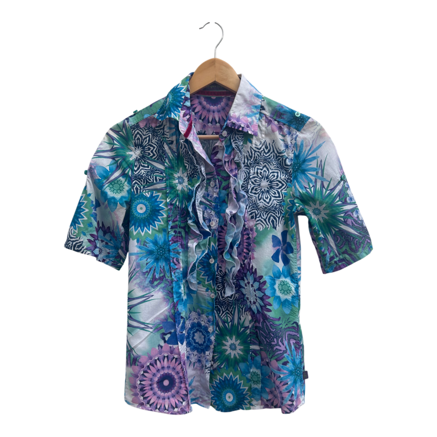 Jacques Bluse Damen Gr 34 Baumwolle Bunt Rüschen Kurzarm Hemdbluse Sommer Shirt