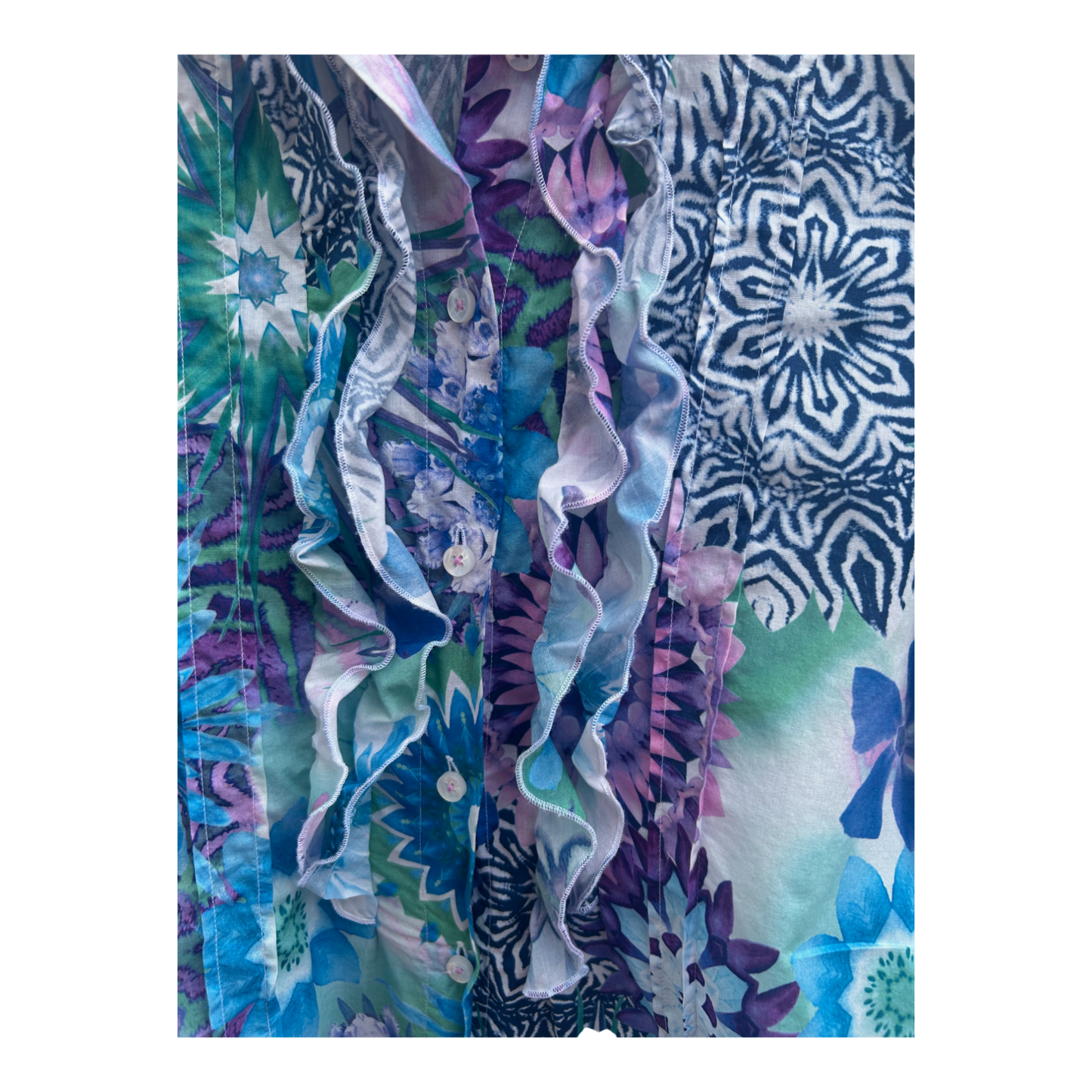 Jacques Bluse Damen Gr 34 Baumwolle Bunt Rüschen Kurzarm Hemdbluse Sommer Shirt