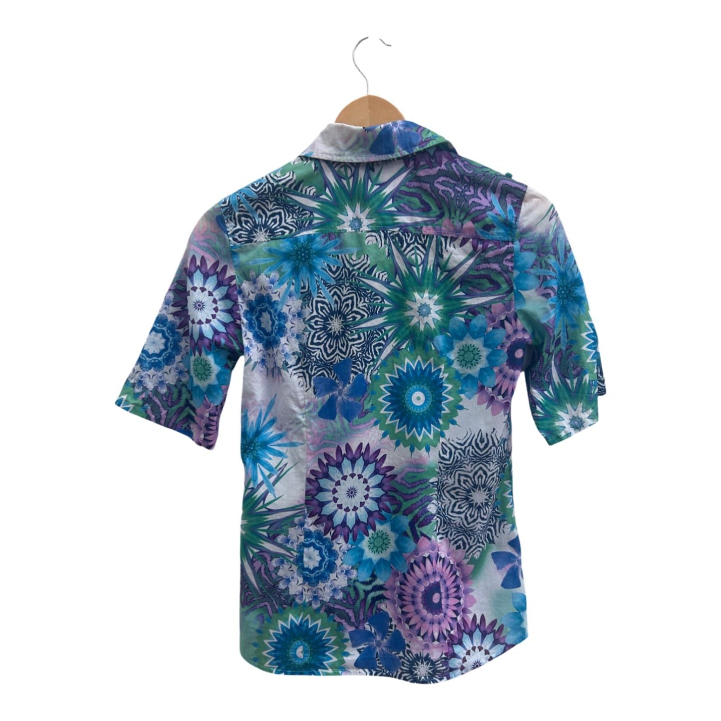 Jacques Bluse Damen Gr 34 Baumwolle Bunt Rüschen Kurzarm Hemdbluse Sommer Shirt