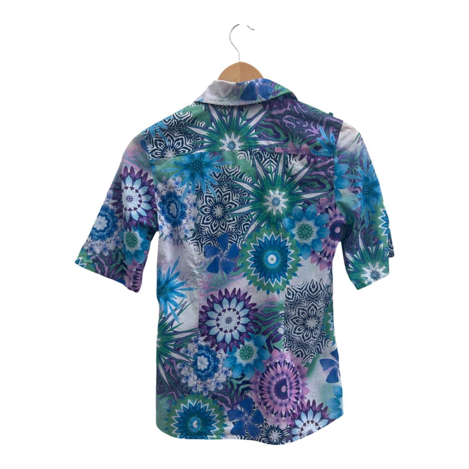 Jacques Bluse Damen Gr 34 Baumwolle Bunt Rüschen Kurzarm Hemdbluse Sommer Shirt