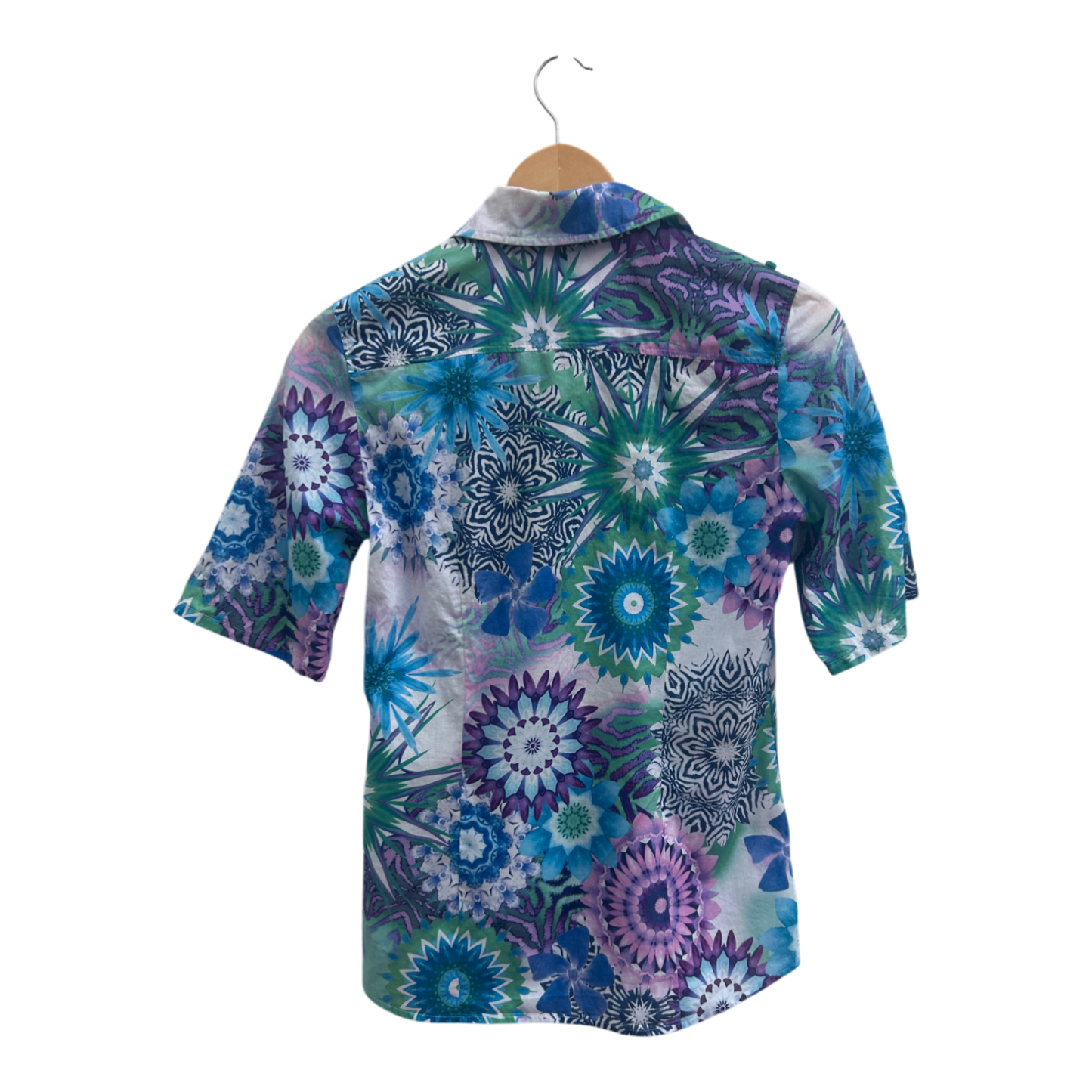 Jacques Bluse Damen Gr 34 Baumwolle Bunt Rüschen Kurzarm Hemdbluse Sommer Shirt