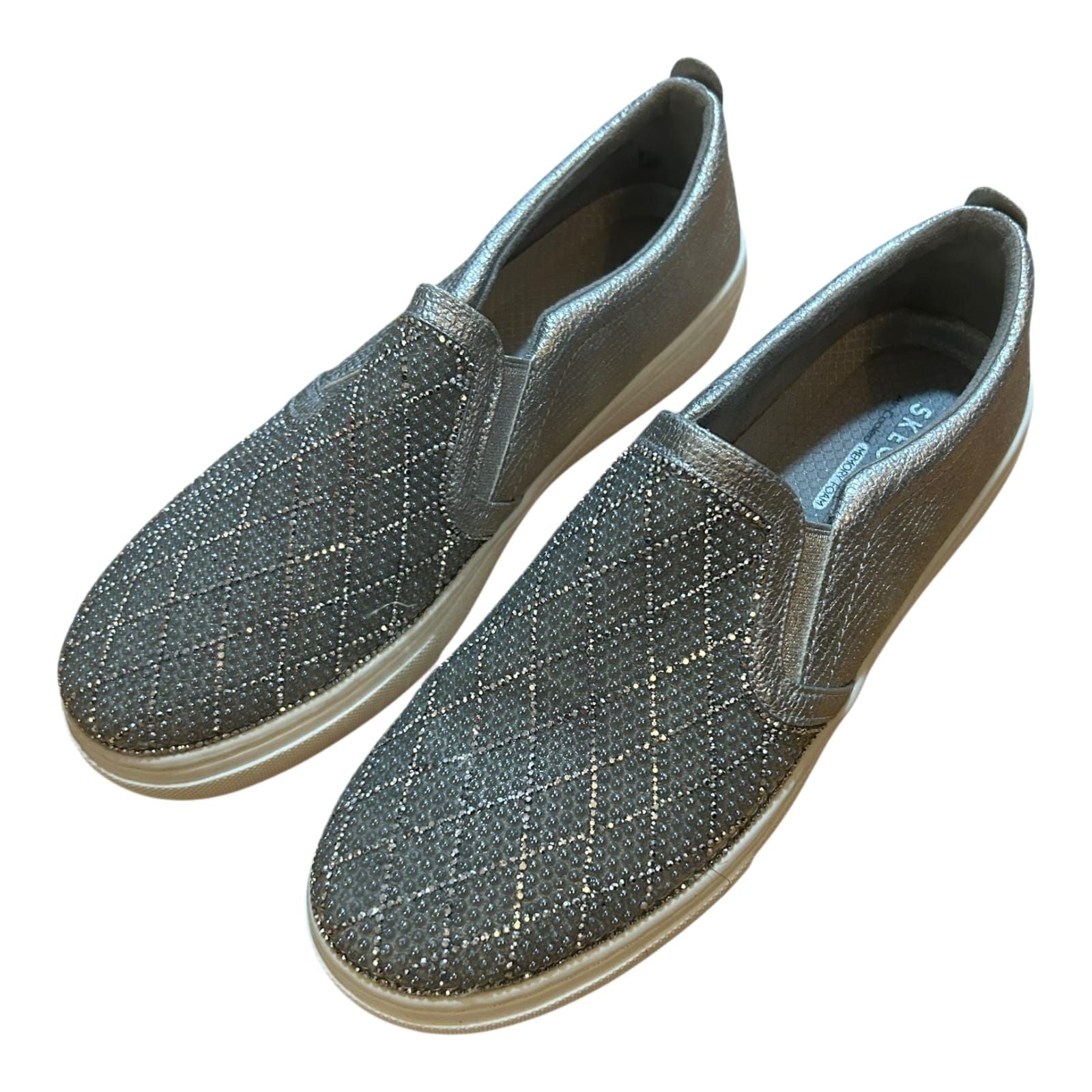 Skechers Slip On Damen Schuhe Gr 38 Grau Glitzer Strass Komfort Freizeit