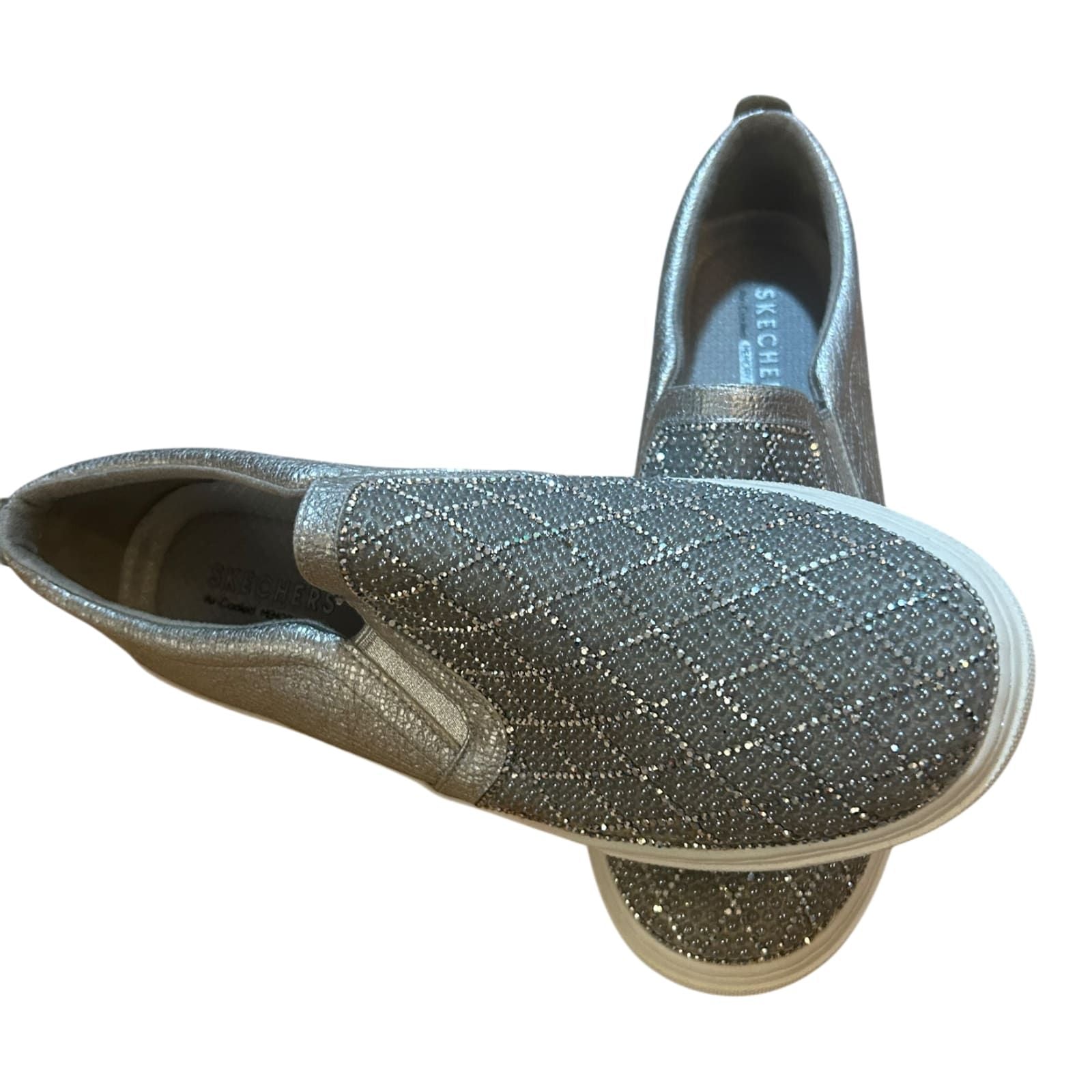 Skechers Slip On Damen Schuhe Gr 38 Grau Glitzer Strass Komfort Freizeit