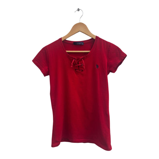 US Polo Damen T Shirt Rot M Baumwolle Stretch Kurzarm Logo Basic Freizeit