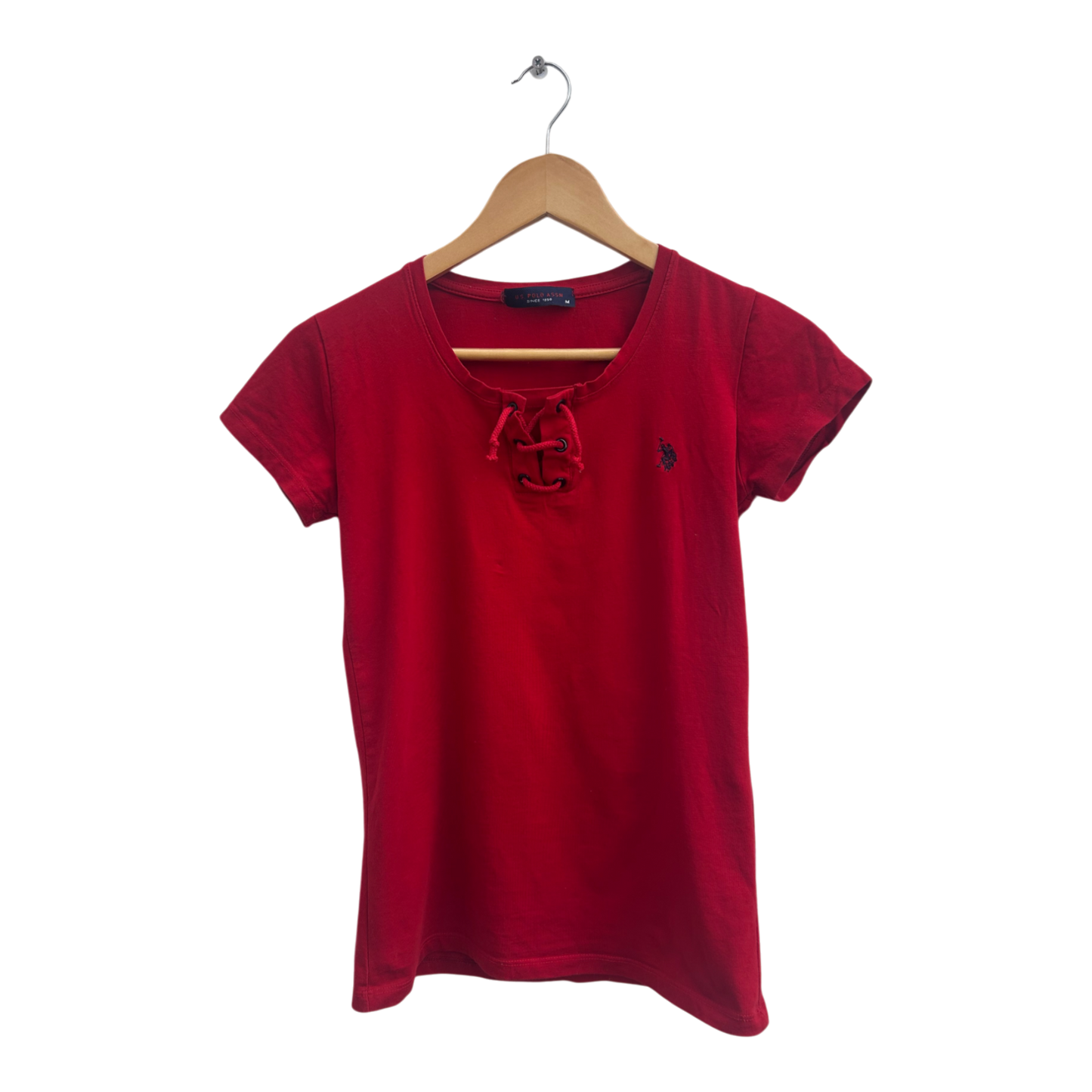 US Polo Damen T Shirt Rot M Baumwolle Stretch Kurzarm Logo Basic Freizeit