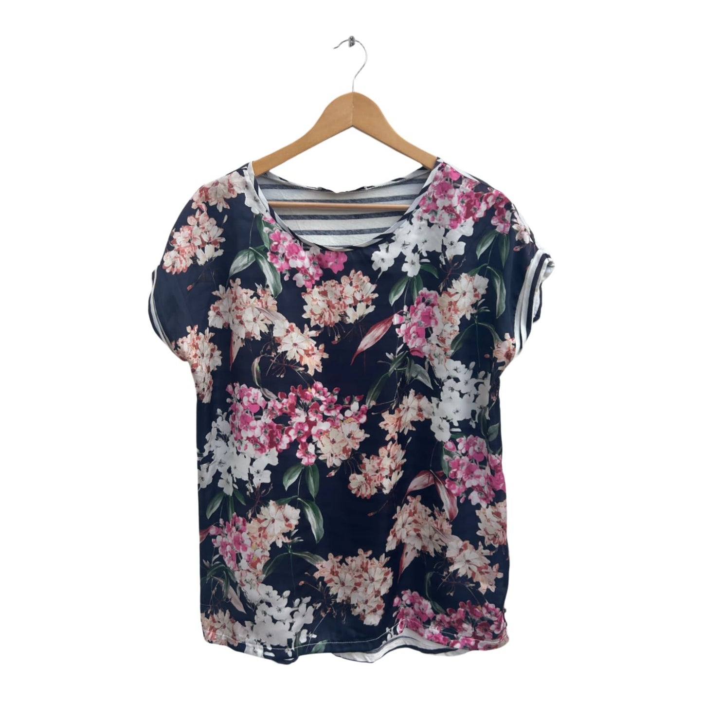 Oui Damen Shirt Gr 38 Navy Blumenmuster Baumwolle Polyester Kurzarm Sommer Top