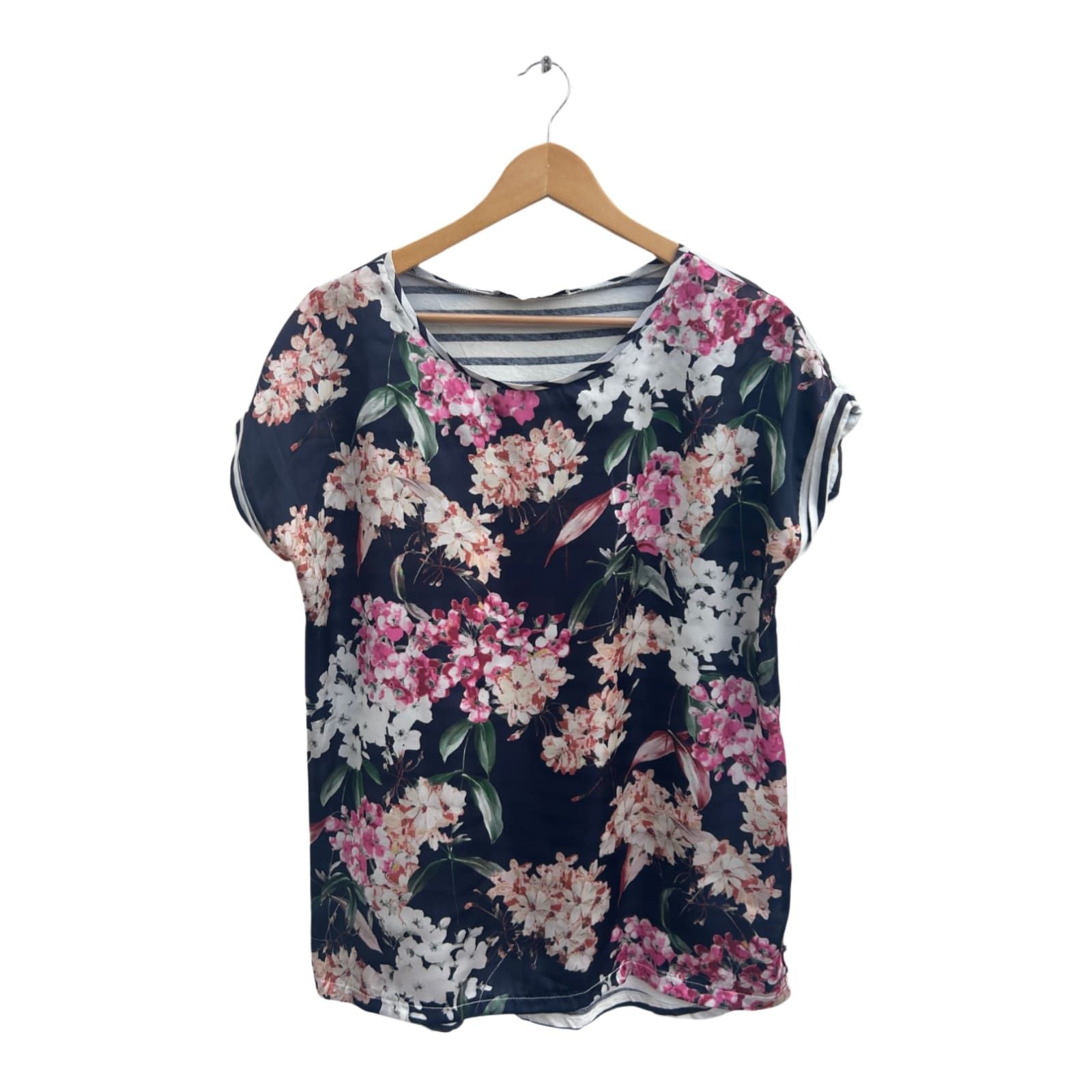 Oui Damen Shirt Gr 38 Navy Blumenmuster Baumwolle Polyester Kurzarm Sommer Top