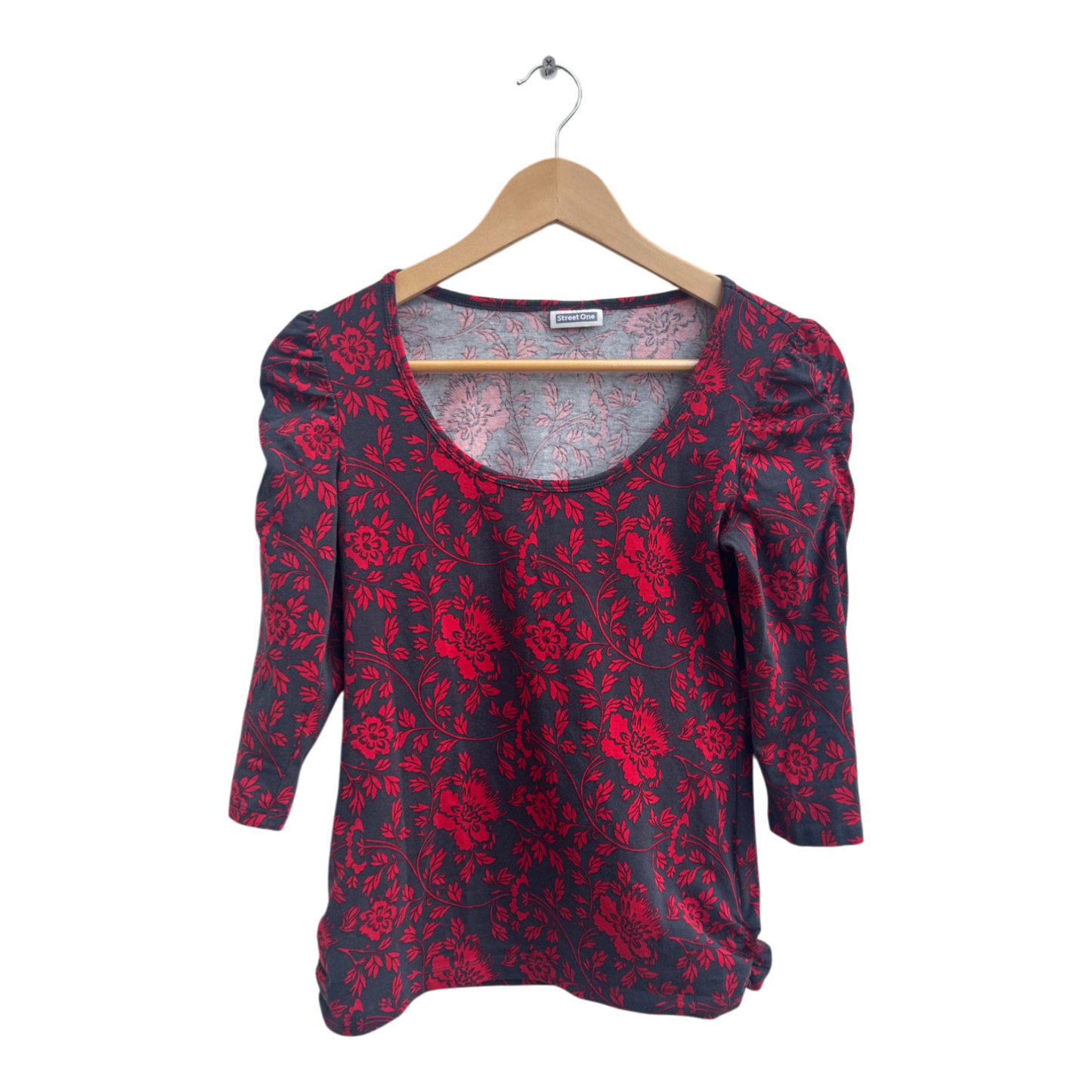 Street One Damen Shirt Bluse Gr 36 Rot Schwarz Blumenmuster Stretch 3/4 Arm Elegant