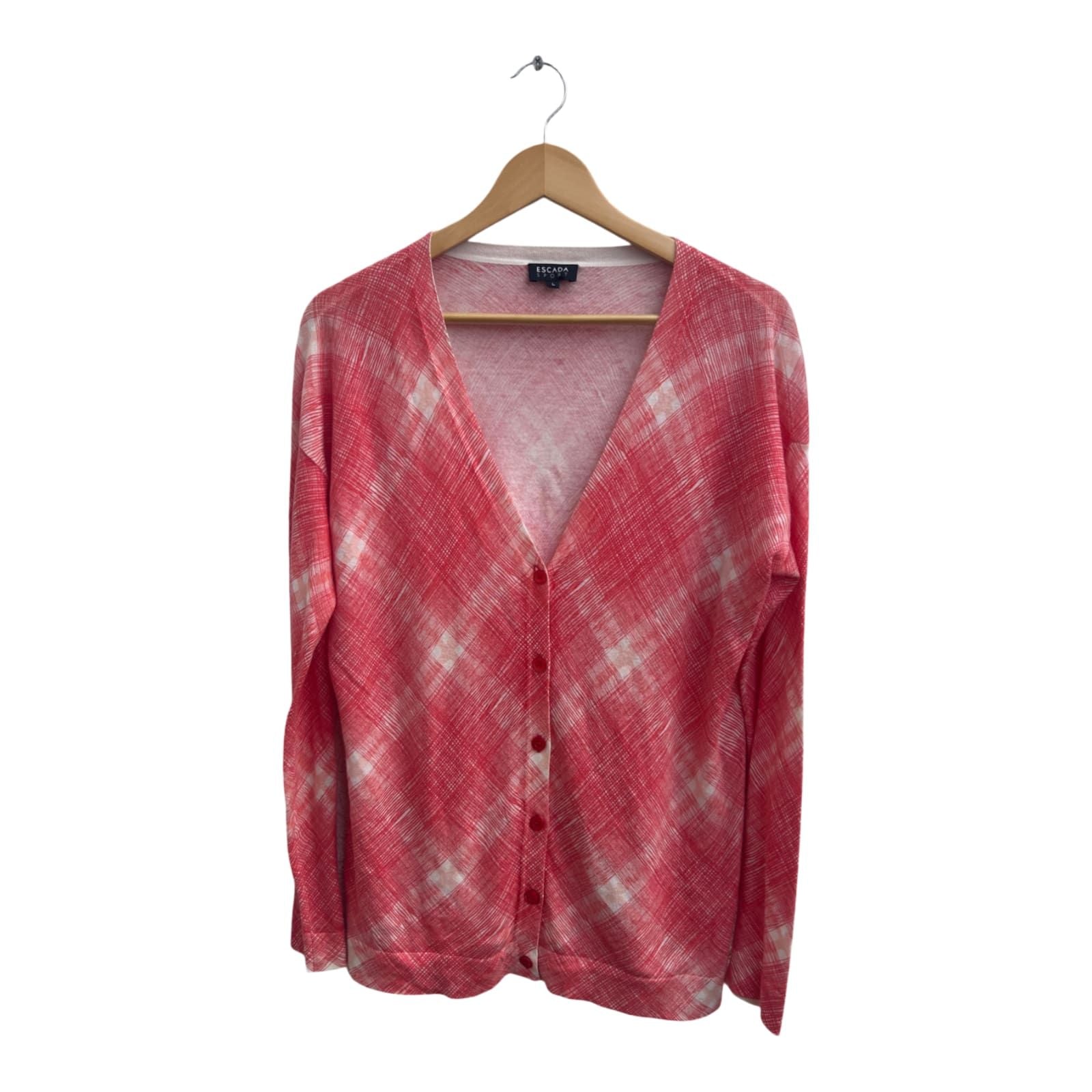 Escada Cardigan Damen Strickjacke Gr L Rot Weiß Freizeitmode Baumwolle Modal