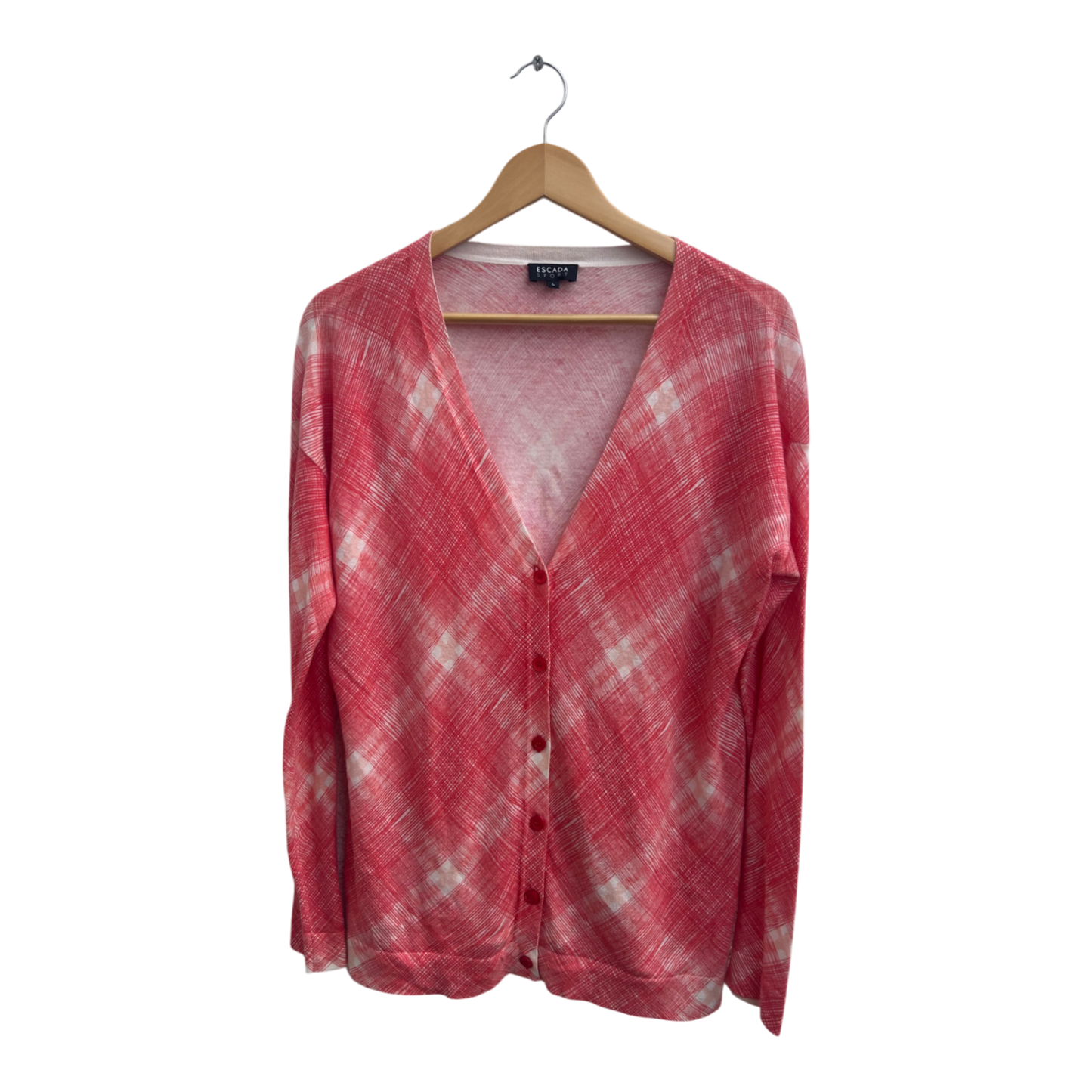 Escada Cardigan Damen Strickjacke Gr L Rot Weiß Freizeitmode Baumwolle Modal