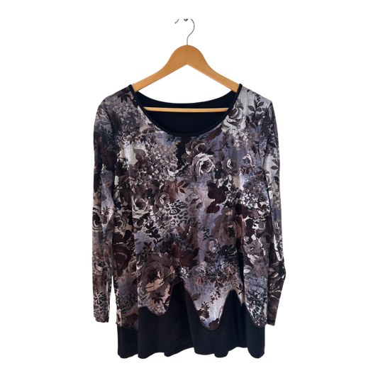 Damen Shirt XL Blumenmuster Viskose Stretch Langarm Braun Grau Lila Elegant Casual