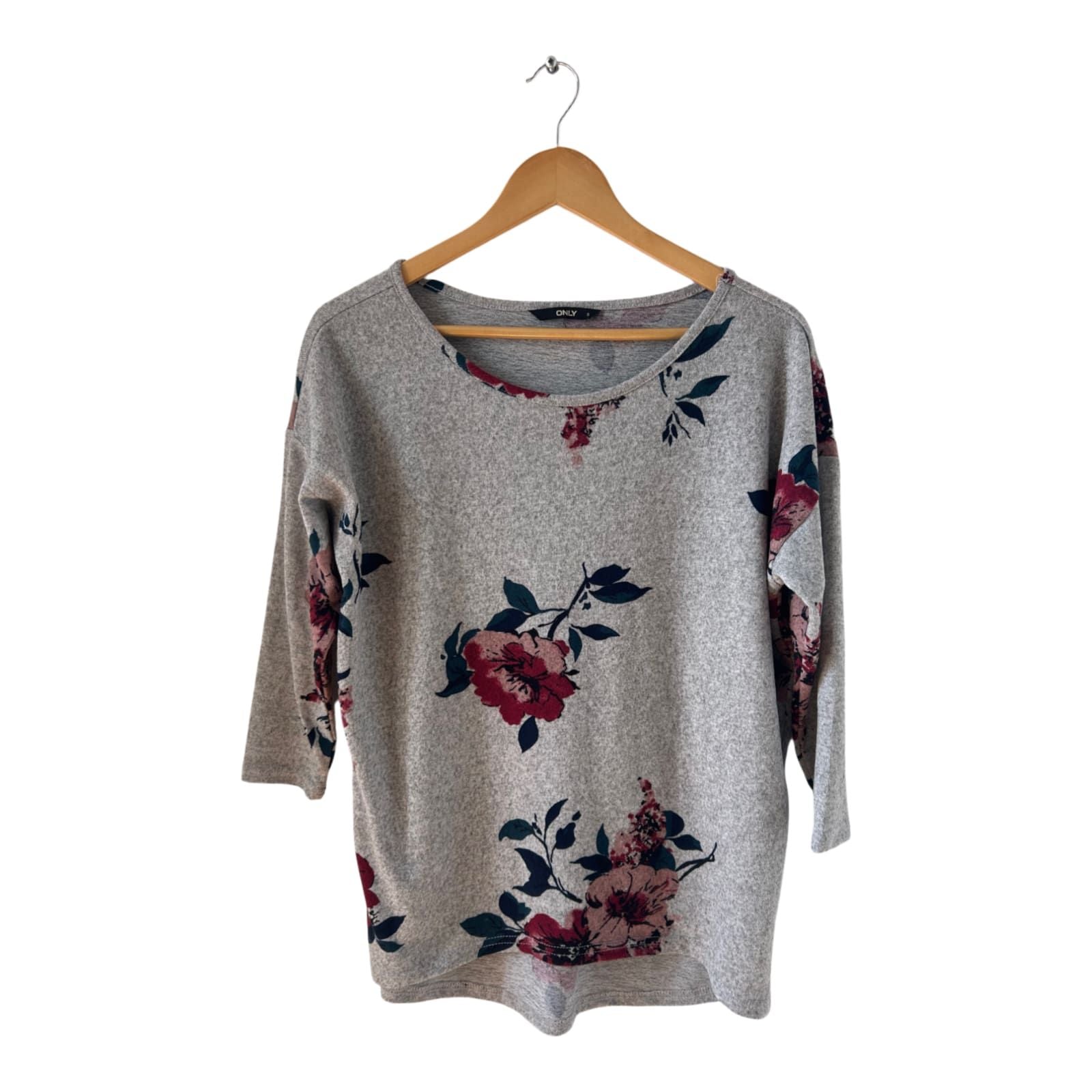 Only Damen Shirt Gr S Grau Blumenmuster Stretch 3/4 Arm Longshirt Hinten Länger