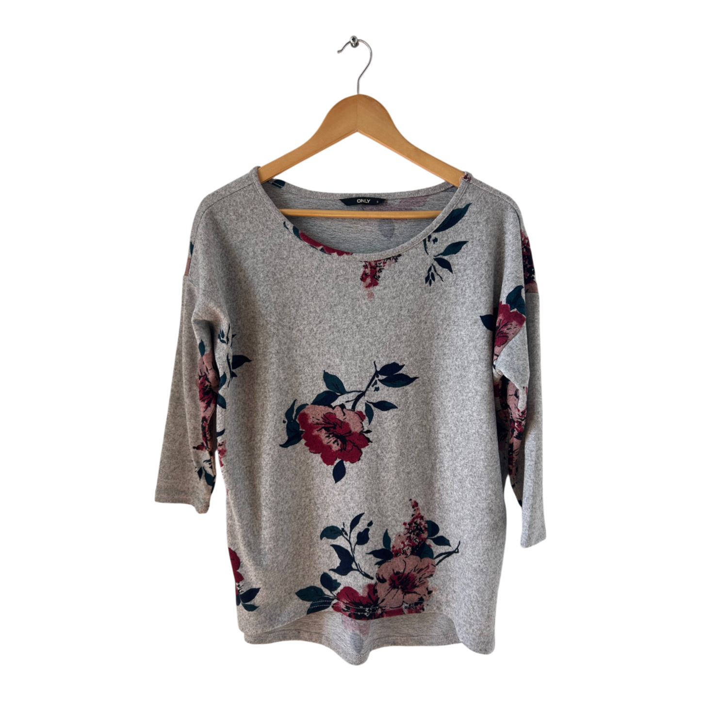 Only Damen Shirt Gr S Grau Blumenmuster Stretch 3/4 Arm Longshirt Hinten Länger