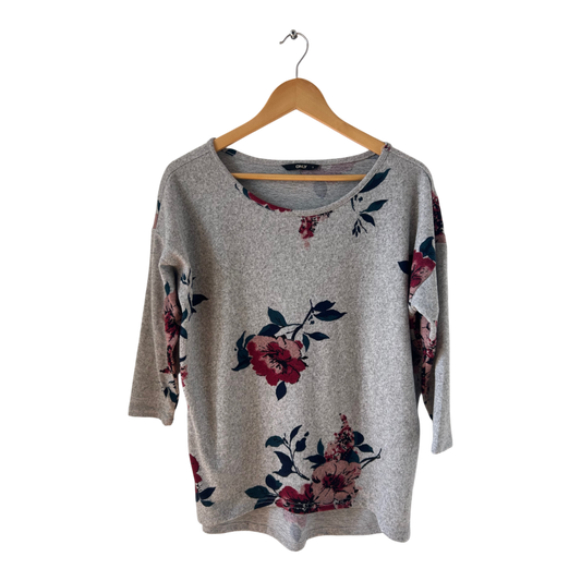 Only Damen Shirt Gr S Grau Blumenmuster Stretch 3/4 Arm Longshirt Hinten Länger