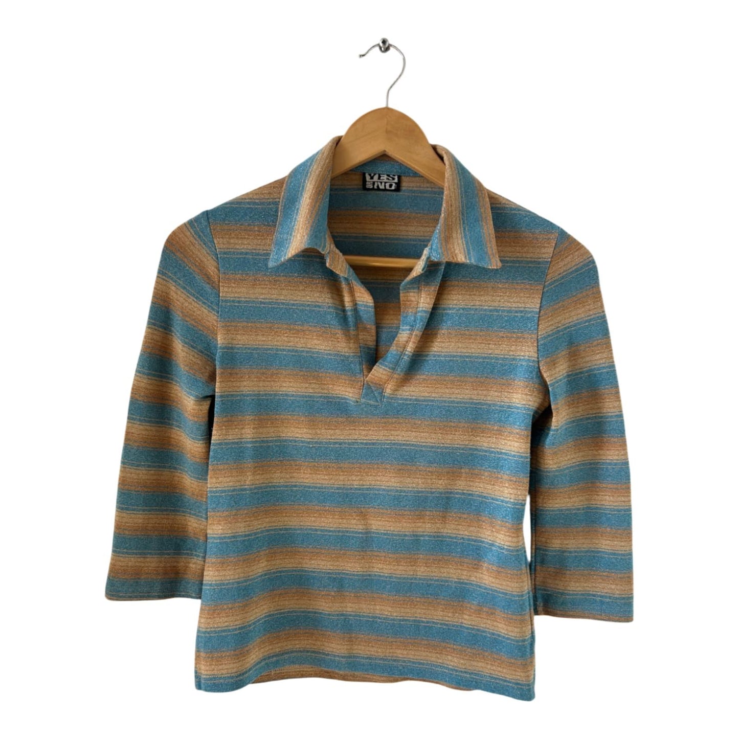 Yes or No Damen Shirt Gr M Vintage Streifen Glitzer 3/4 Arm Polo Kragen France