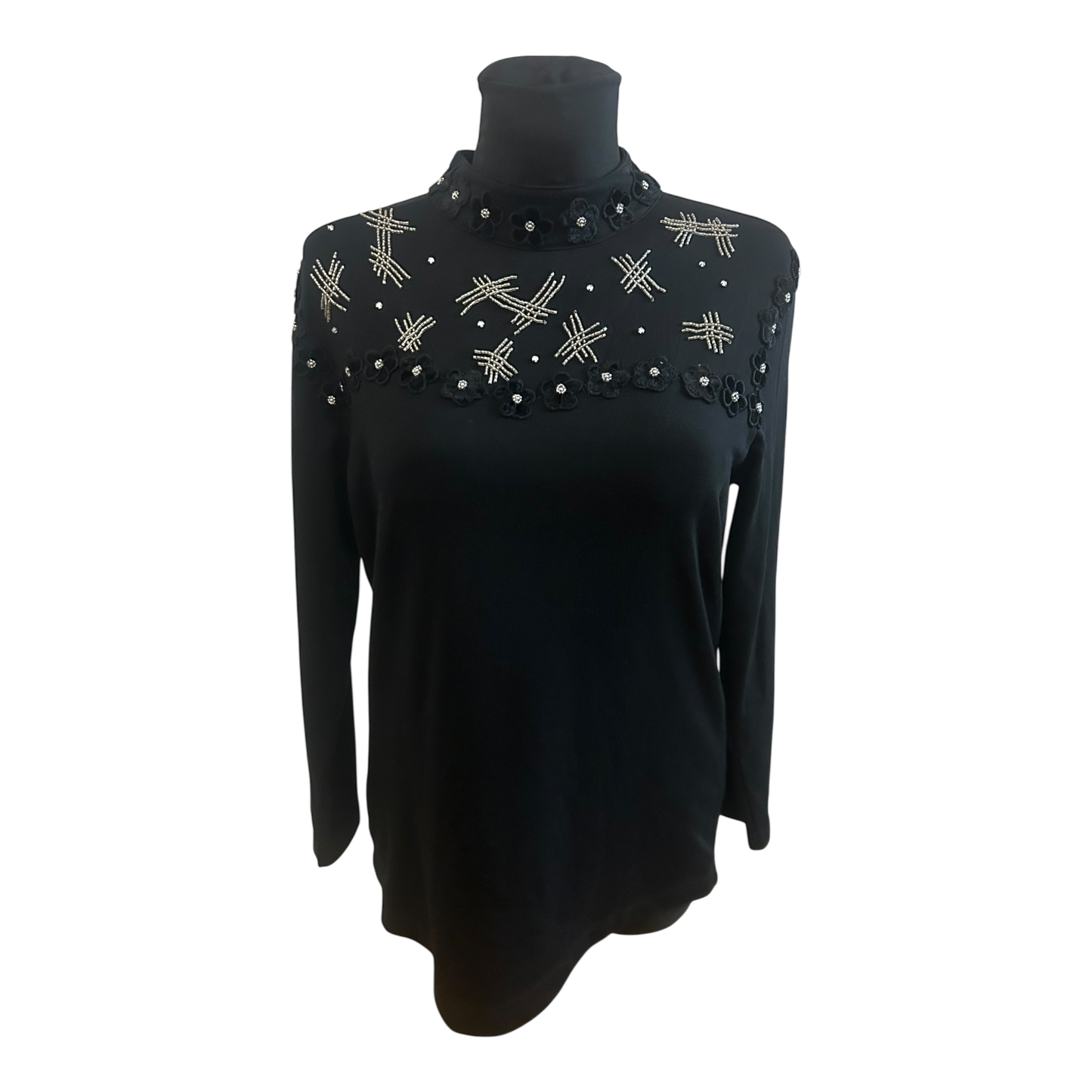 Damen Bluse 40 Schwarz Stickerei Elegant Langarm Transparent