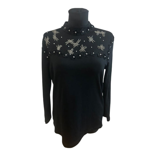 Damen Bluse 40 Schwarz Stickerei Elegant Langarm Transparent