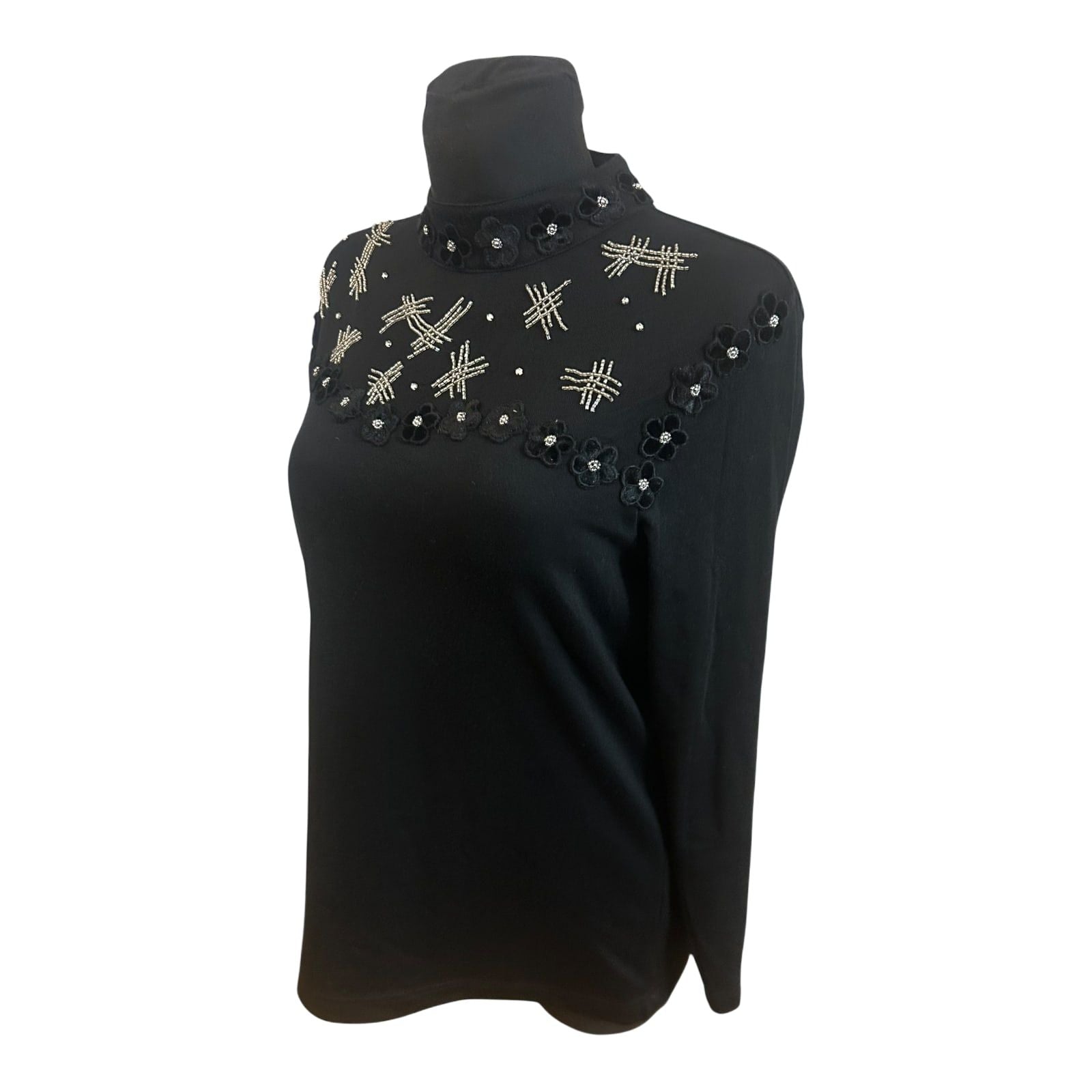 Damen Bluse 40 Schwarz Stickerei Elegant Langarm Transparent