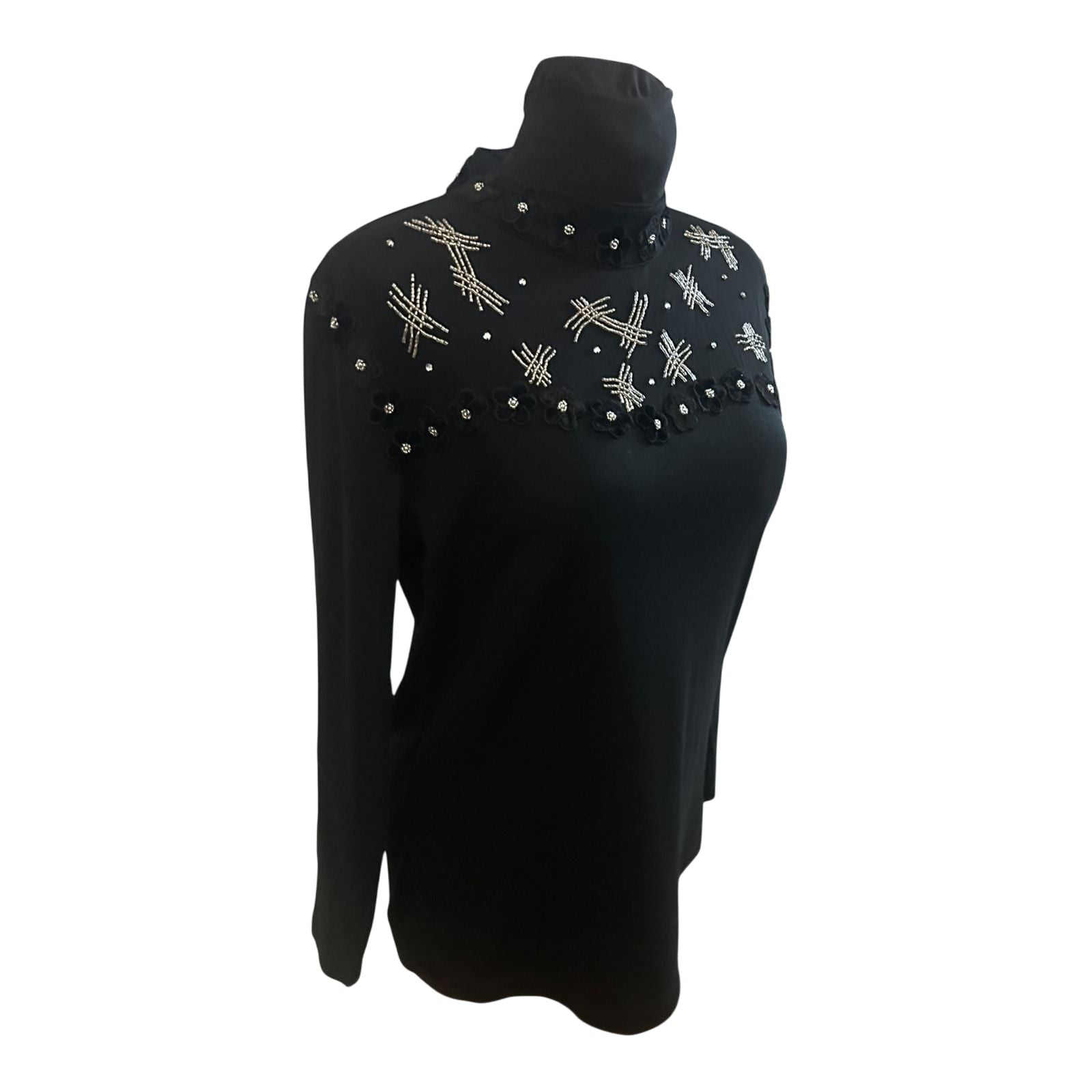Damen Bluse 40 Schwarz Stickerei Elegant Langarm Transparent