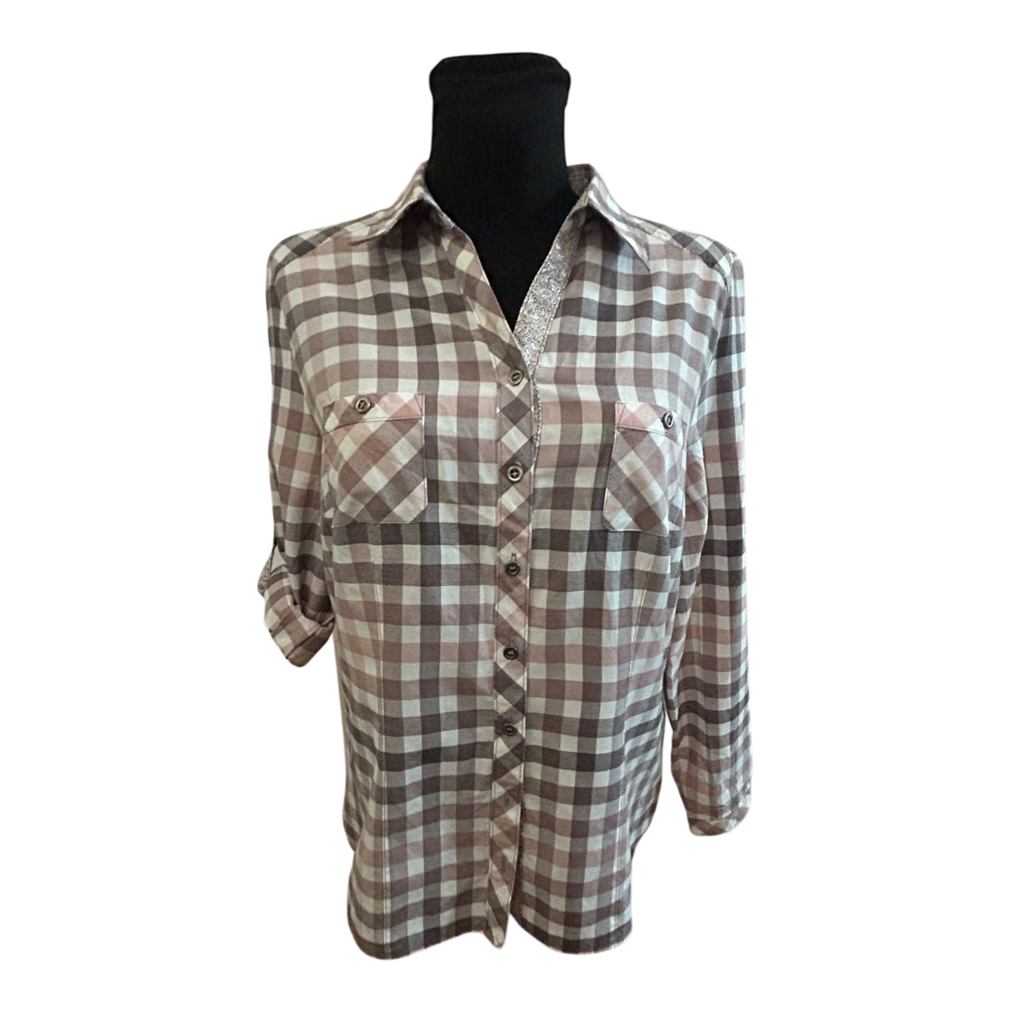 Damen Bluse Größe 40 Karo Grau Rosa Langarm Krempelärmel Baumwollmix