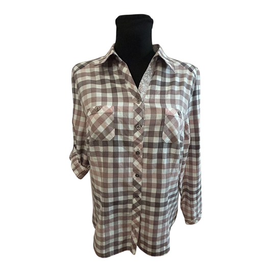 Damen Bluse Größe 40 Karo Grau Rosa Langarm Krempelärmel Baumwollmix