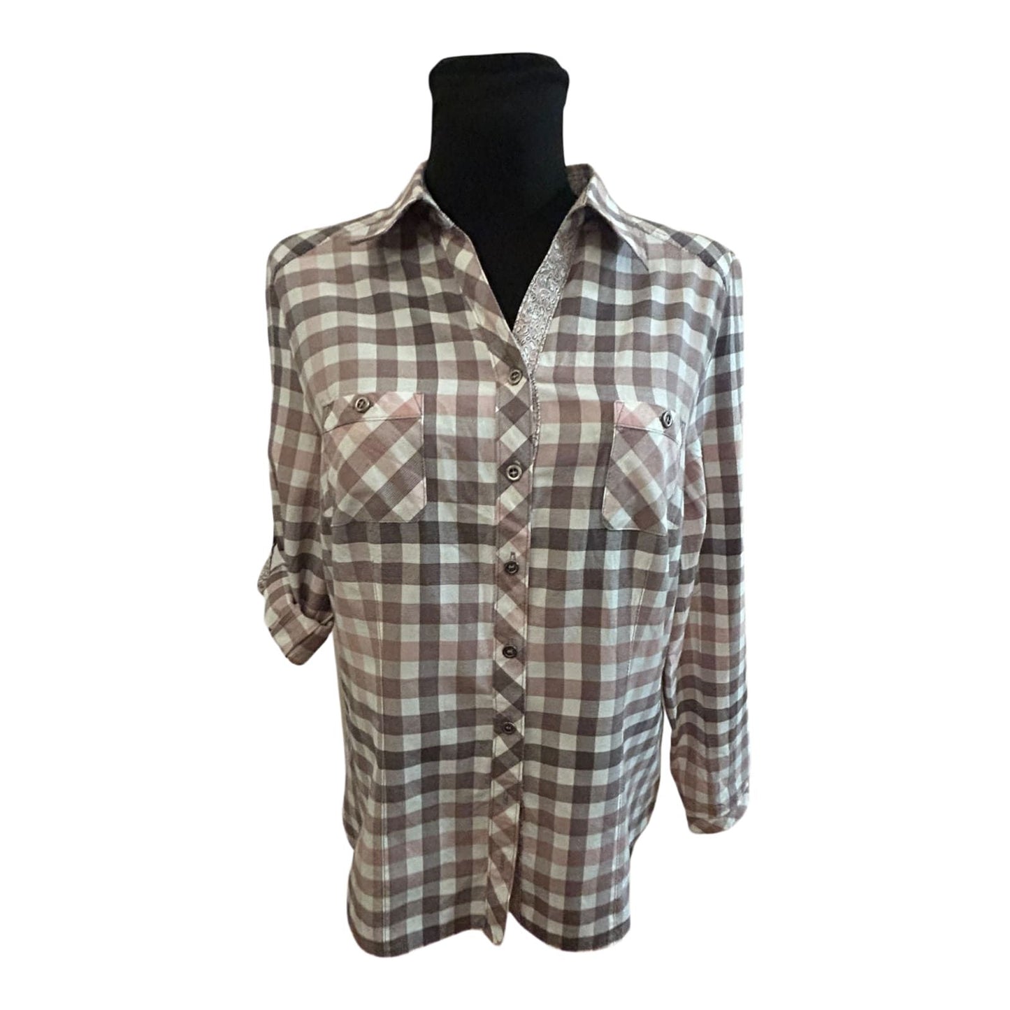 Damen Bluse Größe 40 Karo Grau Rosa Langarm Krempelärmel Baumwollmix