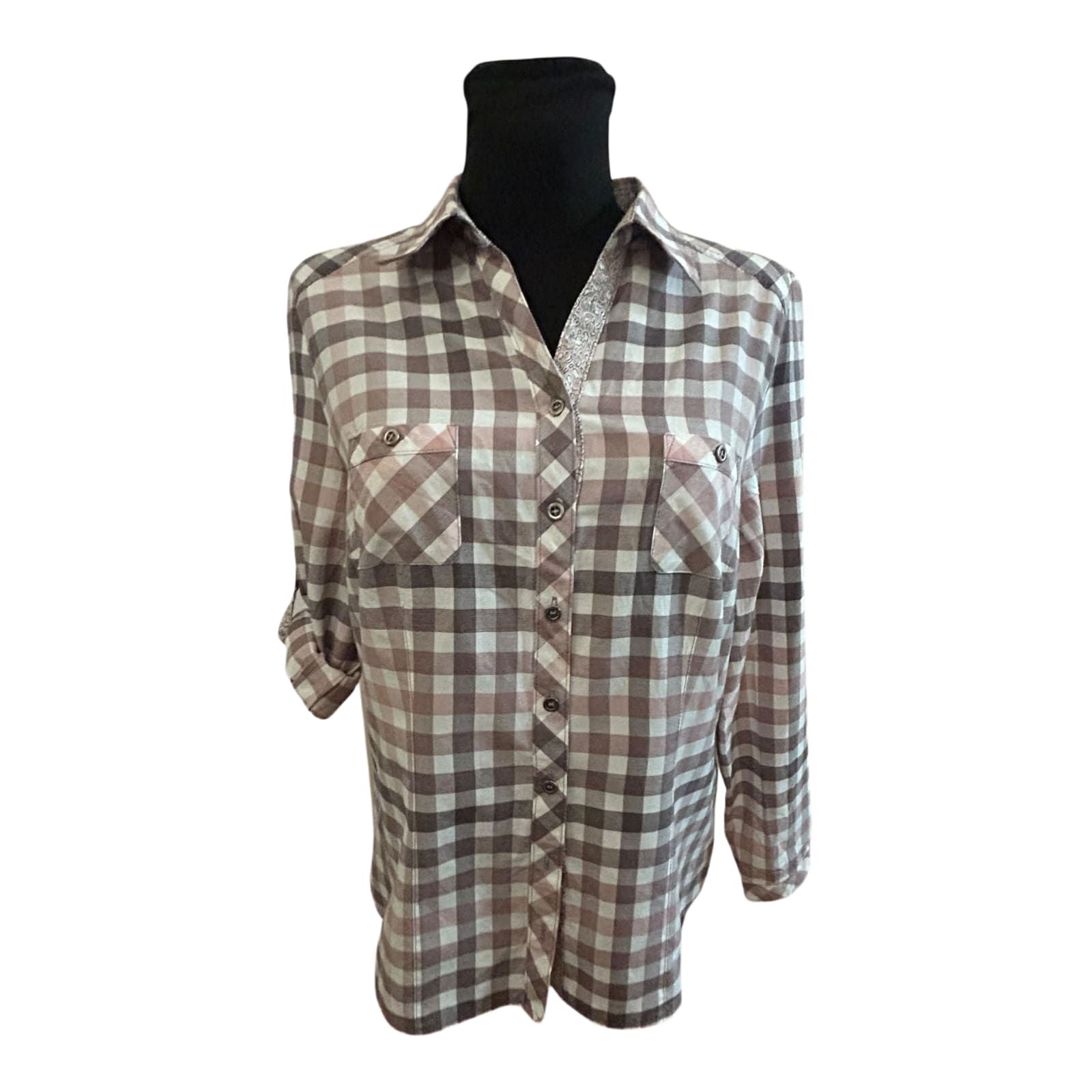 Damen Bluse Größe 40 Karo Grau Rosa Langarm Krempelärmel Baumwollmix