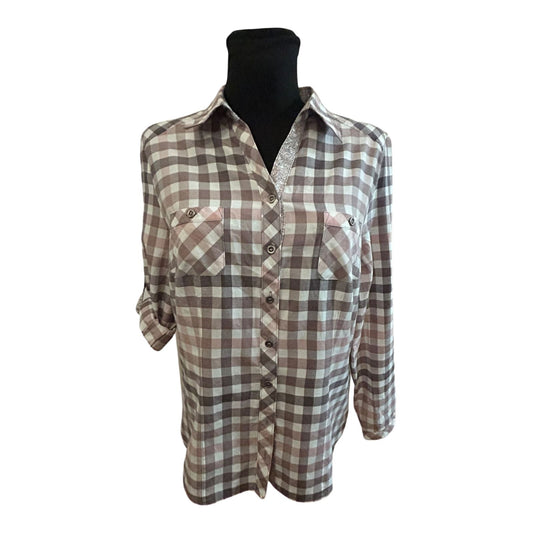 Damen Bluse Größe 40 Karo Grau Rosa Langarm Krempelärmel Baumwollmix