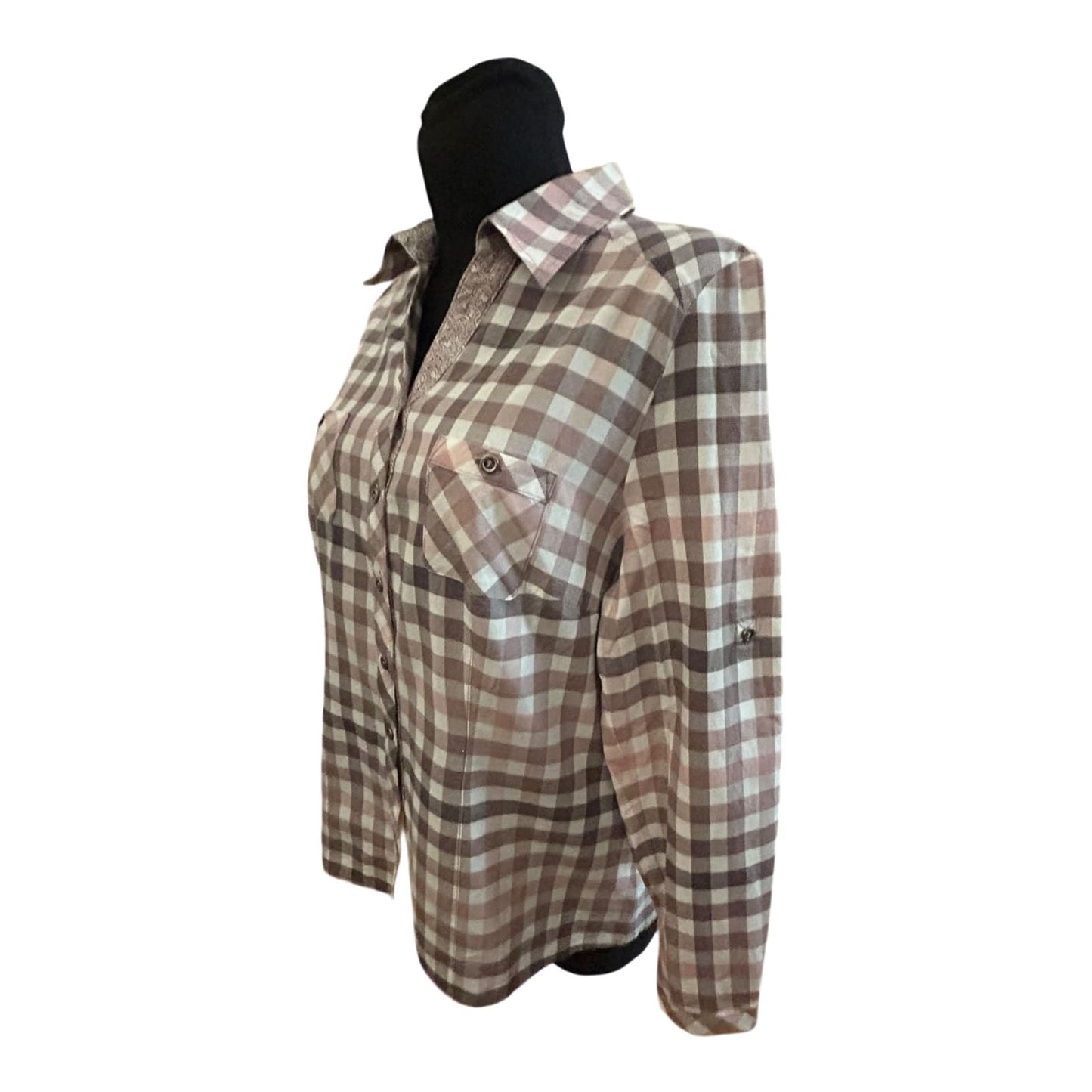 Damen Bluse Größe 40 Karo Grau Rosa Langarm Krempelärmel Baumwollmix