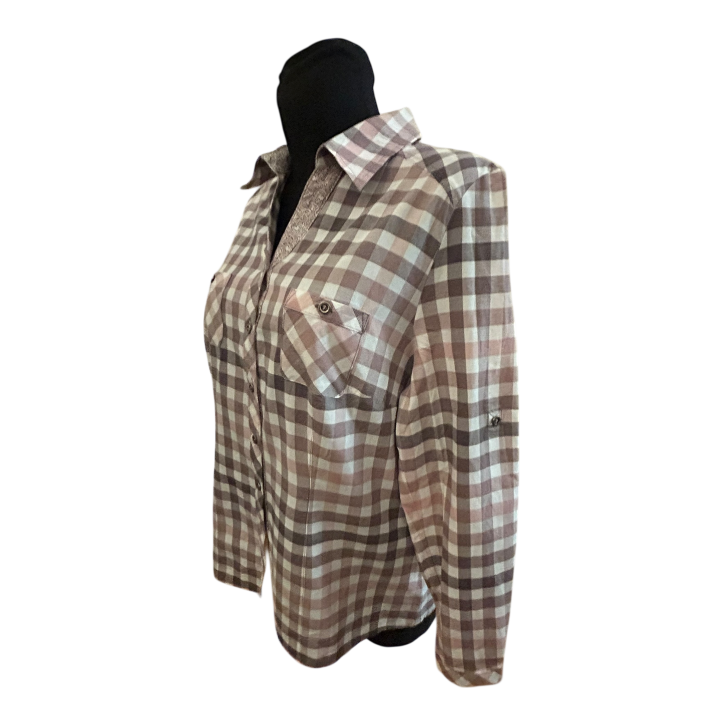 Damen Bluse Größe 40 Karo Grau Rosa Langarm Krempelärmel Baumwollmix