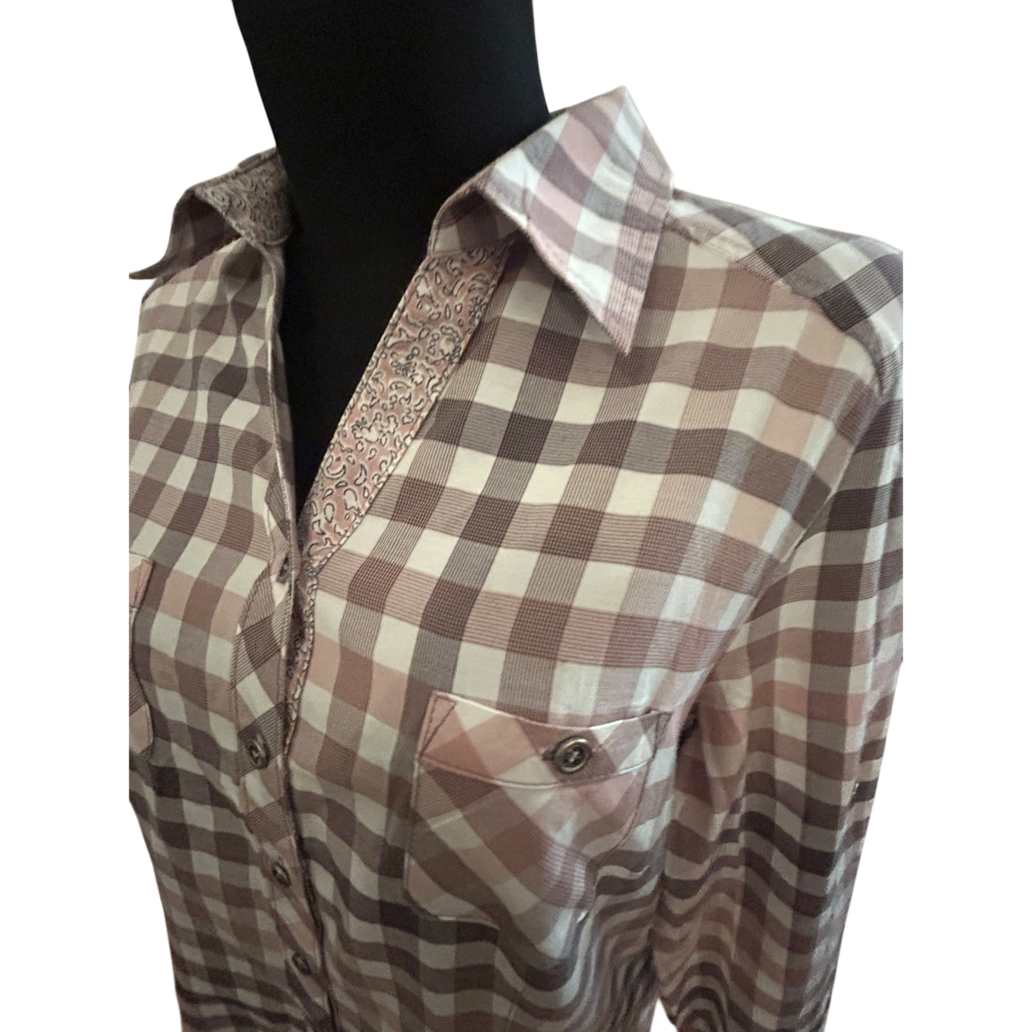 Damen Bluse Größe 40 Karo Grau Rosa Langarm Krempelärmel Baumwollmix