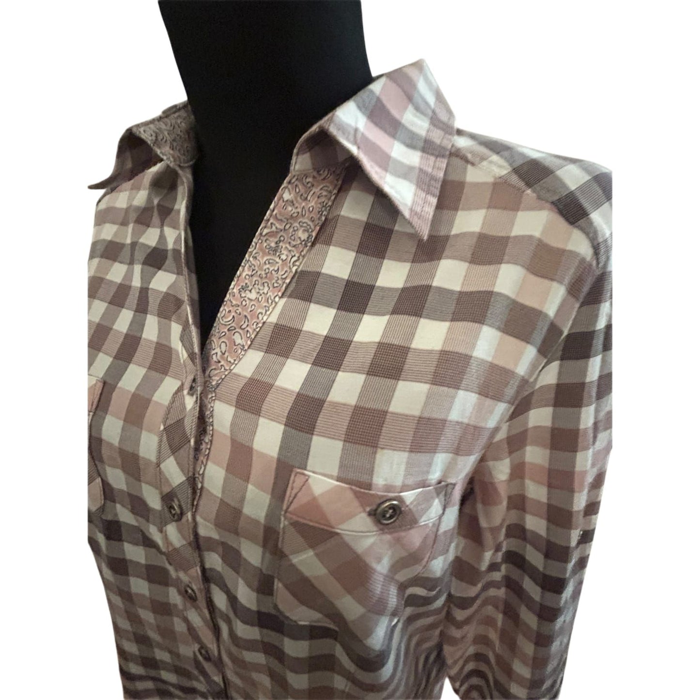 Damen Bluse Größe 40 Karo Grau Rosa Langarm Krempelärmel Baumwollmix