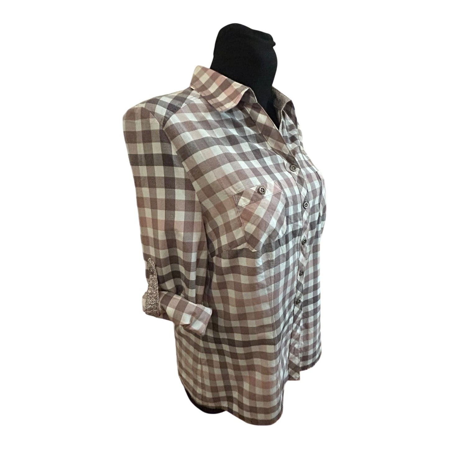 Damen Bluse Größe 40 Karo Grau Rosa Langarm Krempelärmel Baumwollmix