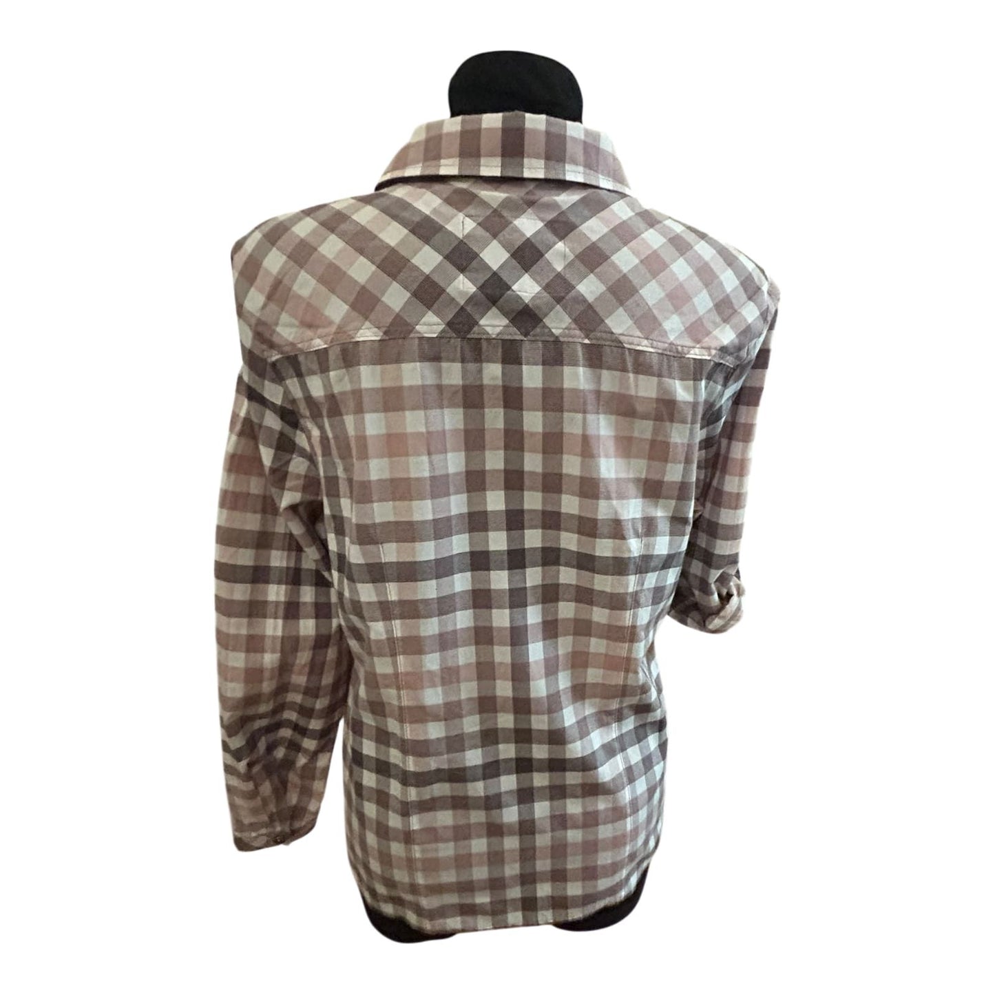 Damen Bluse Größe 40 Karo Grau Rosa Langarm Krempelärmel Baumwollmix