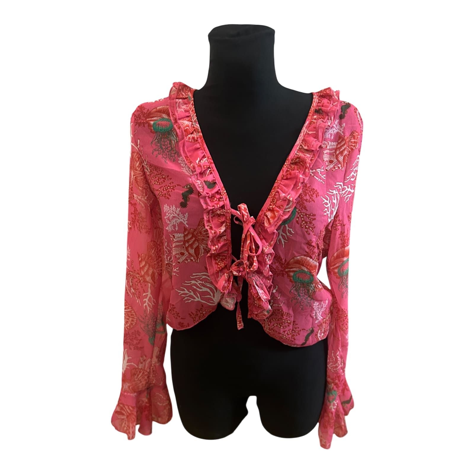 Shein Bluse Damen Gr M Pink Rosa Muster Trompetenärmel V-Ausschnitt Chiffon