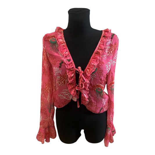 Shein Bluse Damen Gr M Pink Rosa Muster Trompetenärmel V-Ausschnitt Chiffon