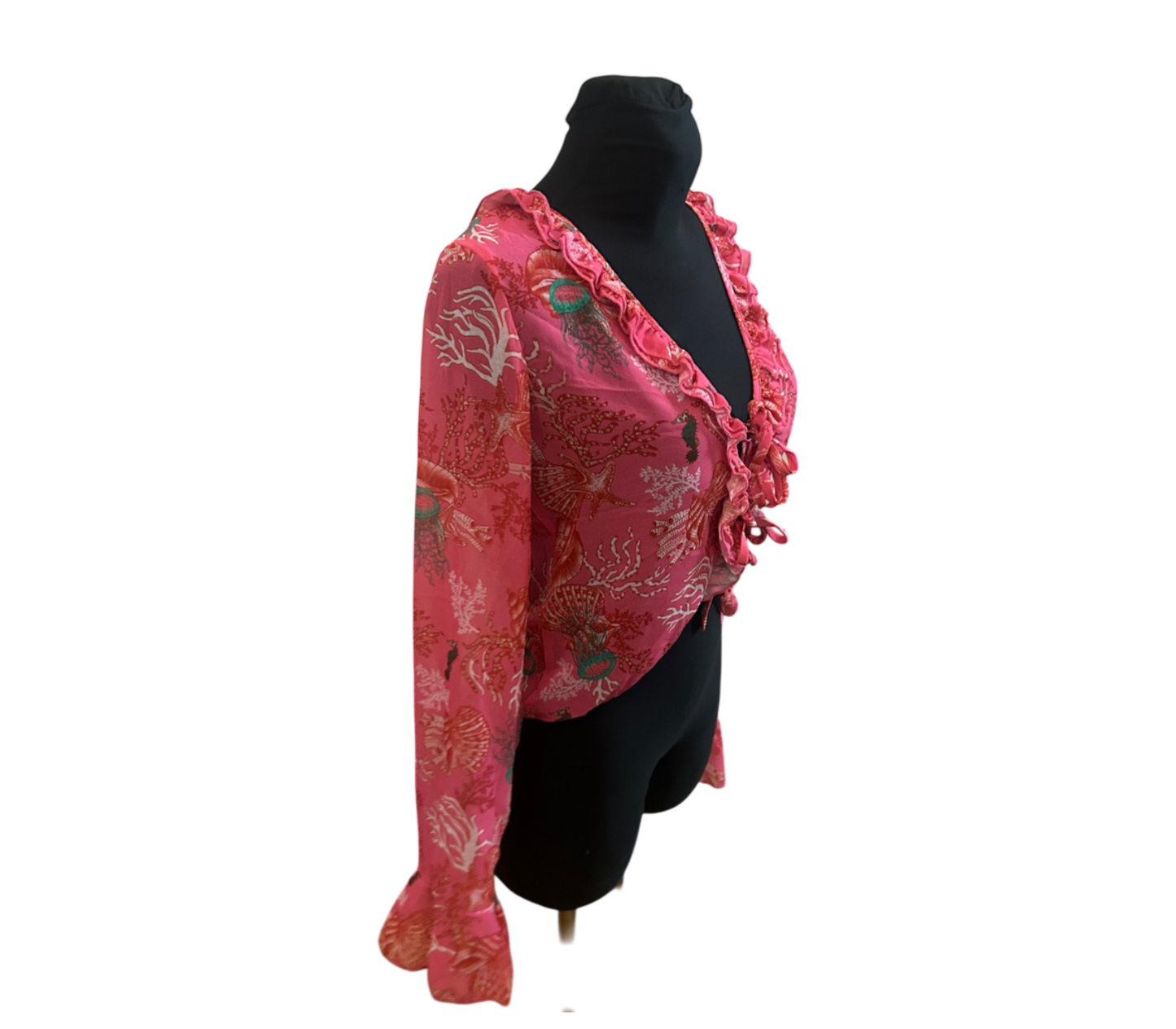 Shein Bluse Damen Gr M Pink Rosa Muster Trompetenärmel V-Ausschnitt Chiffon